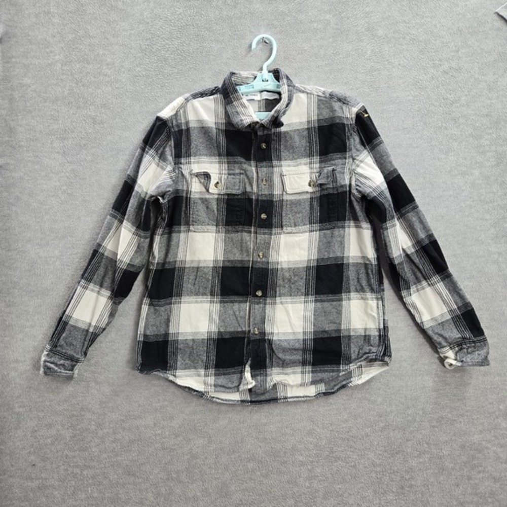 Old Navy Men Button Up Shirt L Black Plaid Flannel Double Brush Long Sleeve